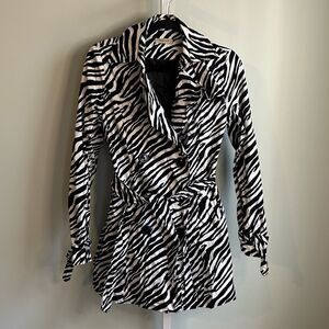 Vertigo Paris Zebra Print Double Breasted Trench with Tie Belt